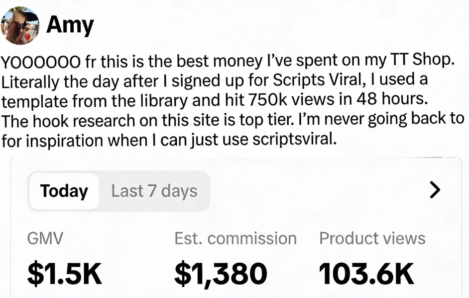 Scripts Viral user review showing real TikTok Shop creator earnings and results - testimonial 2