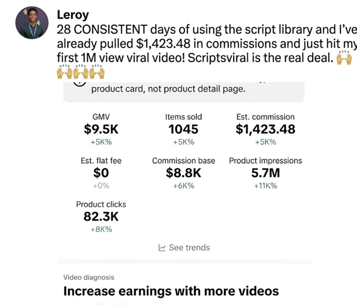 Scripts Viral user review showing real TikTok Shop creator earnings and results - testimonial 3
