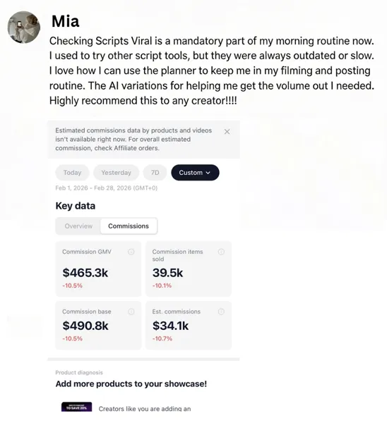 Scripts Viral user review showing real TikTok Shop creator earnings and results - testimonial 4